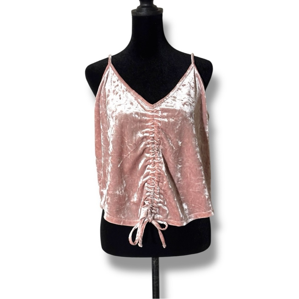 Hippie Rose Baby Pink Velour Ruched Drawstring Thin Straps Cropped Camisole Top - Picture 7 of 16